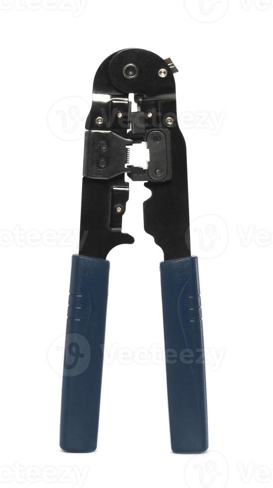 Modular plug crimper for RJ-45, white background, Crimper, Twisting Cable Tool for Crimping RJ45 LAN cable. isolated on white photo
