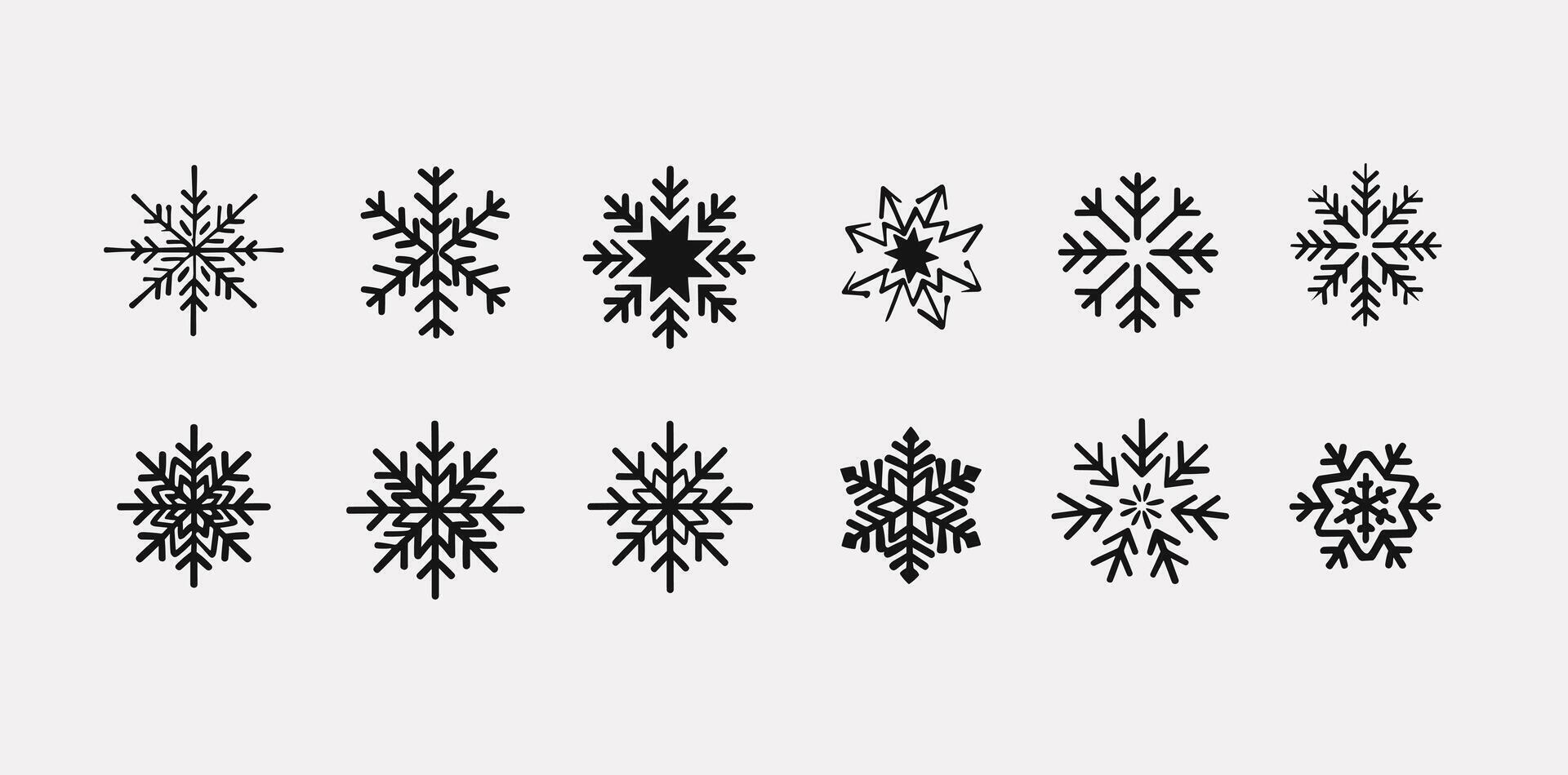 A collection of twelve intricate black snowflake designs on a plain white background. vector