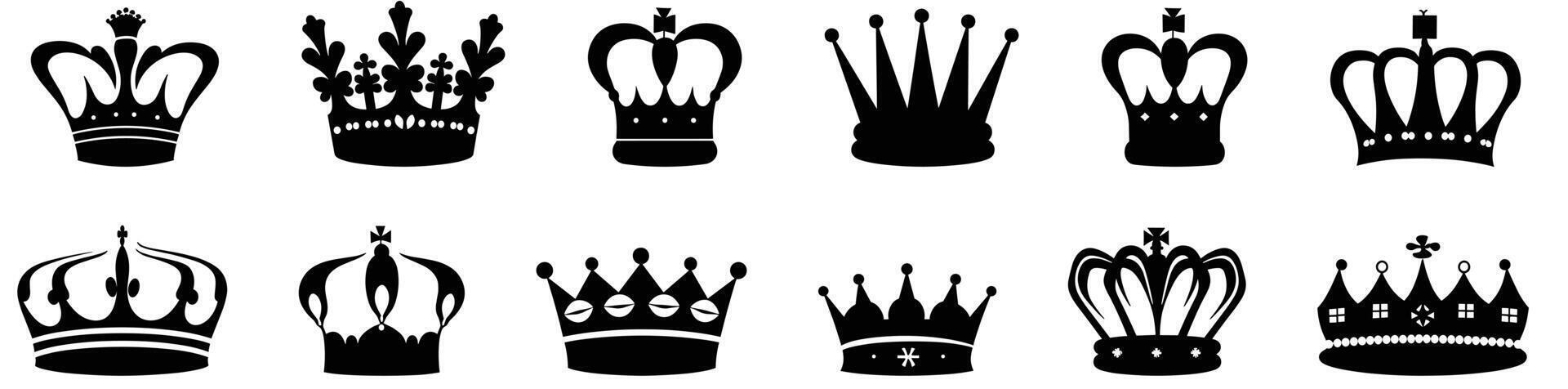 Collection of ten black silhouette crowns in various royal designs on a white background. vector