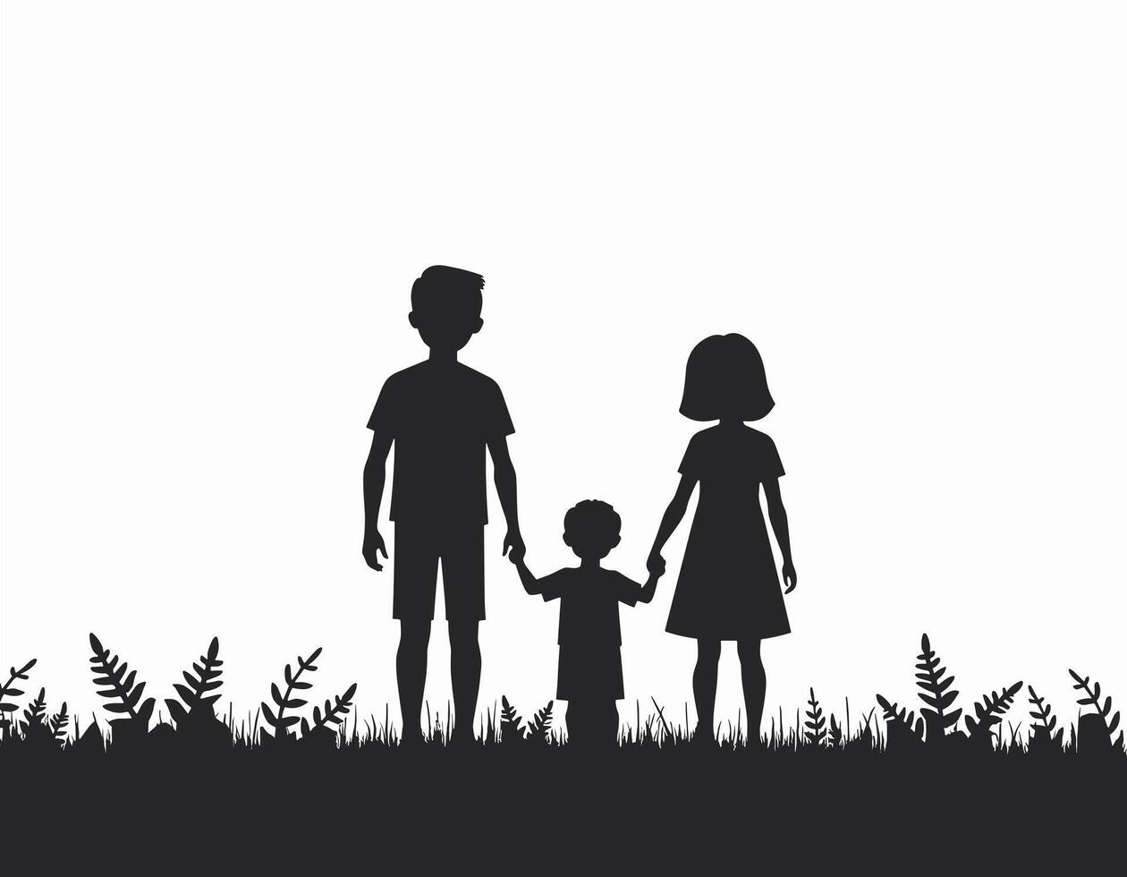 Silhouette of a family of three holding hands amidst grass and ferns, illustrating unity and togetherness. vector