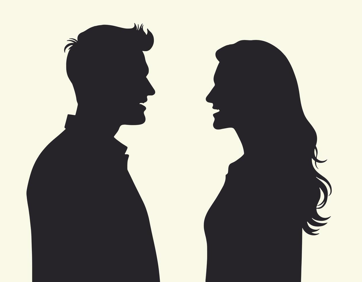 Silhouette of a man and woman facing each other, highlighting profiles against a soft background. vector