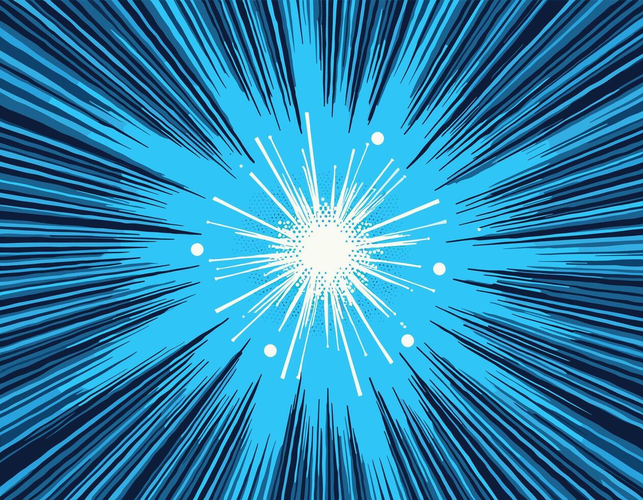 Dynamic illustration of an abstract explosion with blue and white radial lines converging at the center, creating a sense of motion and energy. vector