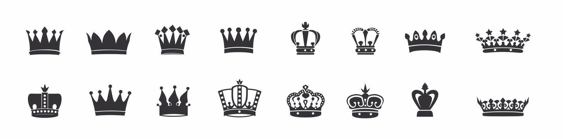Set of various black crown icons on a white background showcasing different designs and styles. vector