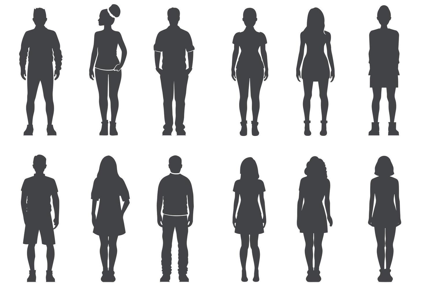 Silhouettes of diverse individuals in various poses on a white background. vector