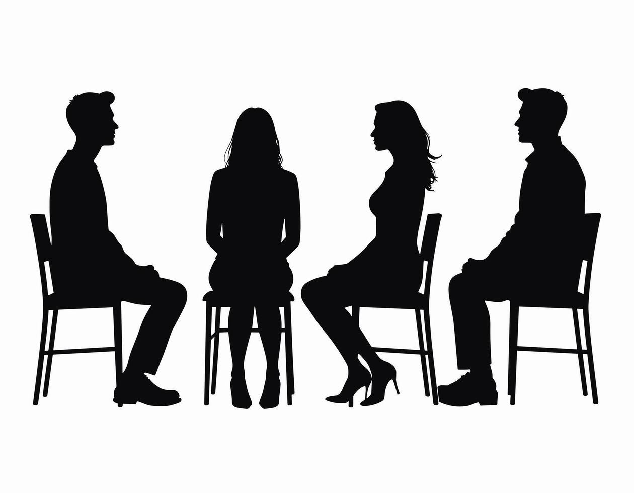 Silhouette of four people sitting on chairs facing each other, creating a symmetrical arrangement, suggesting a meeting or discussion in progress. vector