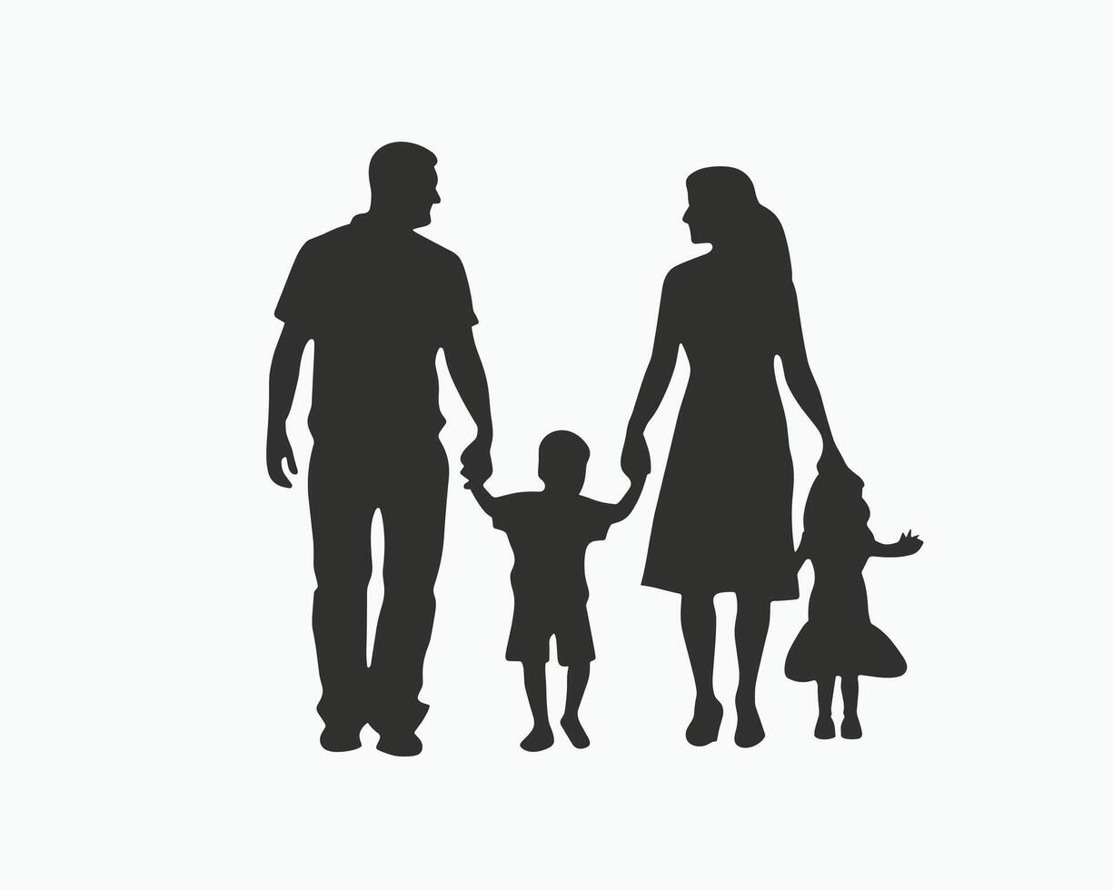 Silhouette of a family with two children holding hands, symbolizing unity and togetherness. vector