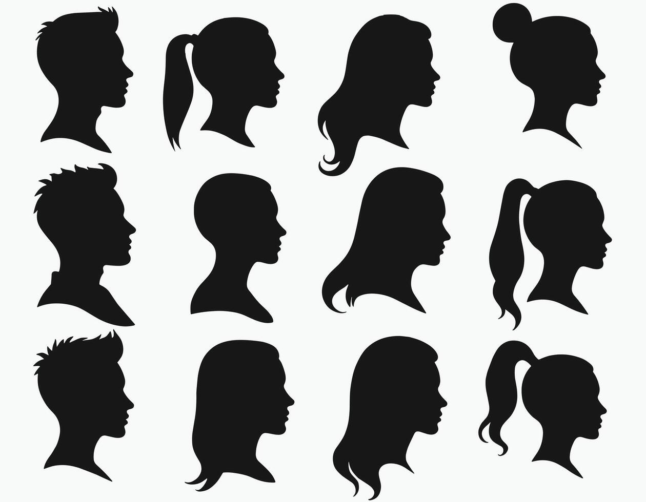 Silhouettes of diverse men and women showcasing various hairstyles, emphasizing diversity and individuality on a neutral background. vector