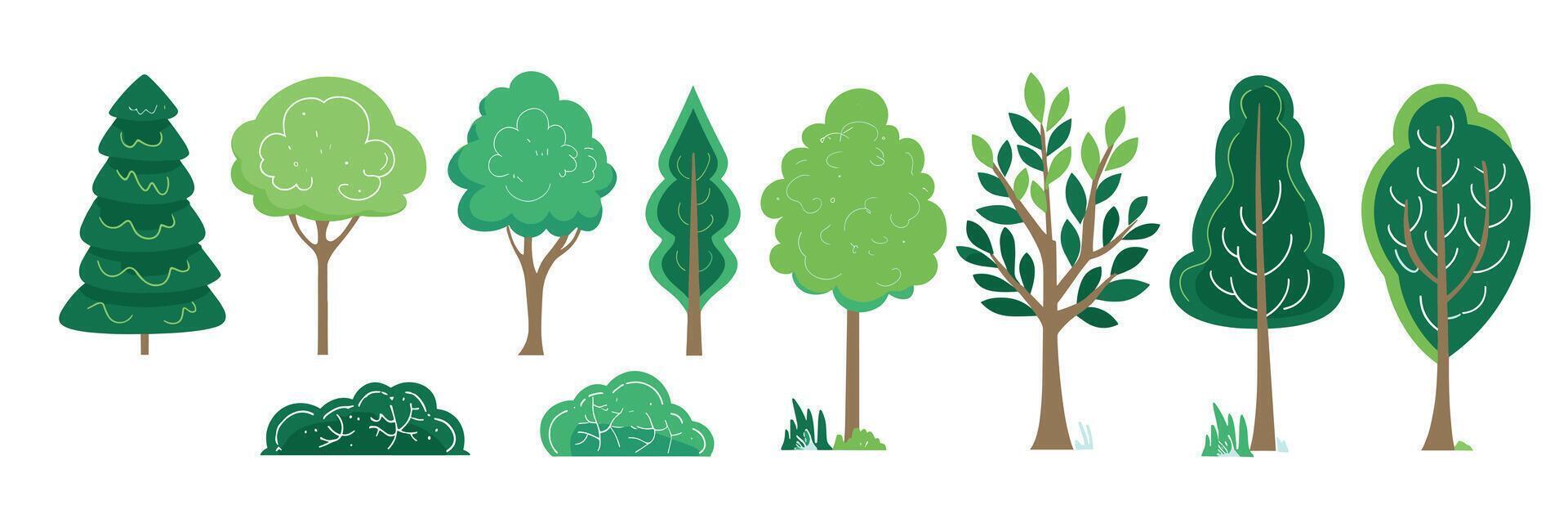 Illustration of various stylized trees and bushes in different shades of green. vector