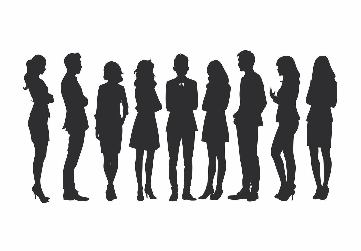 Silhouette of a diverse group of professionals standing in a line, conveying teamwork and unity. vector