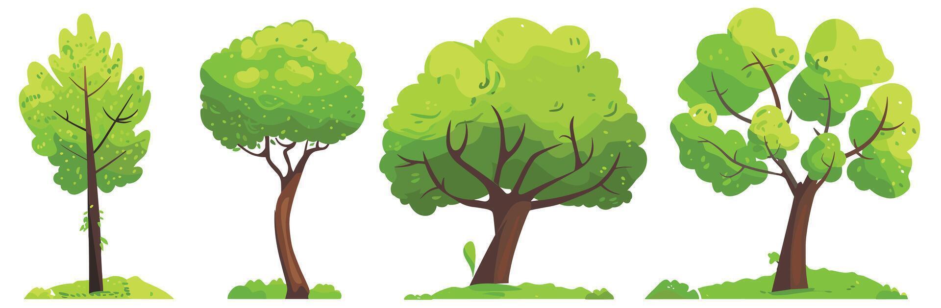 Four illustrated trees showcasing different shapes and foliage on a white background. vector
