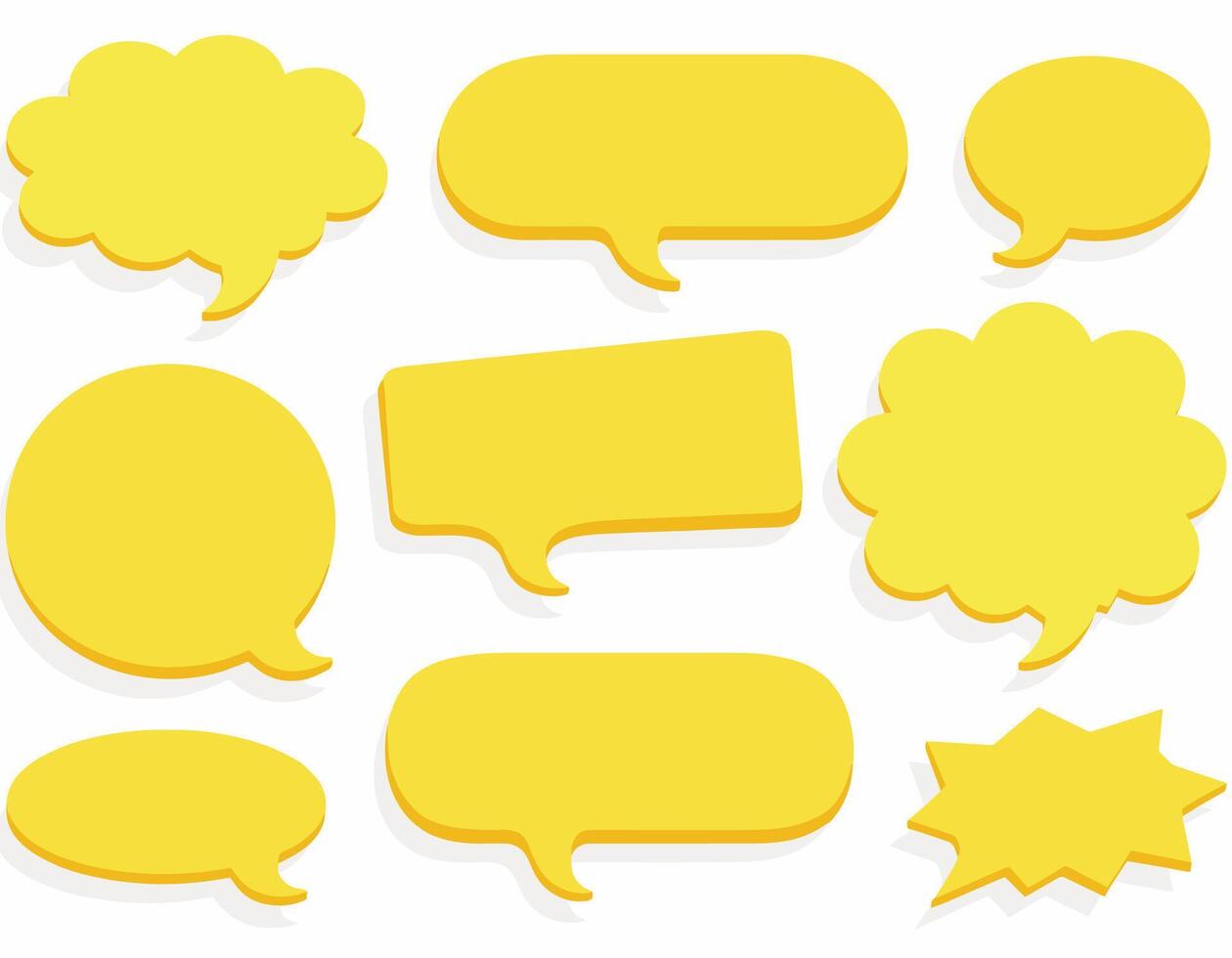 A collection of yellow speech and thought bubbles of various shapes on a white background, ready for text input. vector
