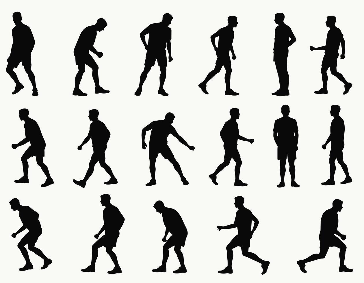 Silhouettes of a male athlete in various dynamic poses, showcasing movement and agility in a minimalist style on a white background. vector
