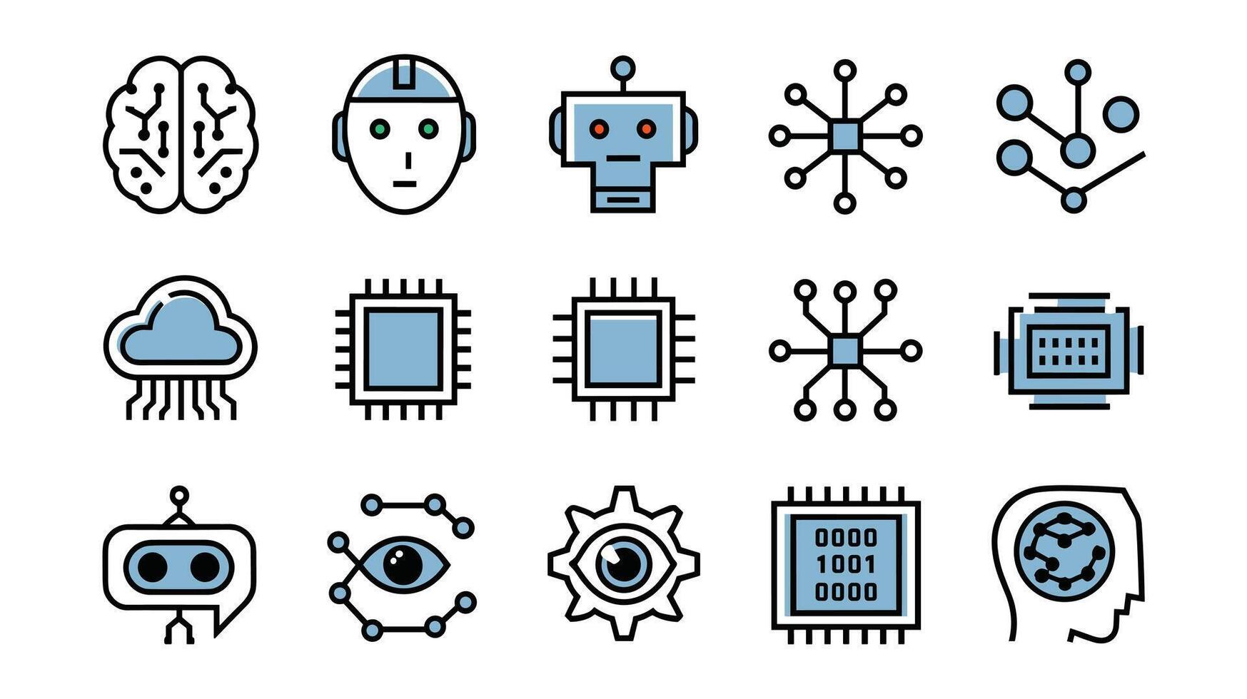 A collection of icons representing artificial intelligence and technology, featuring robotic faces, neural networks, and digital brain illustrations. vector