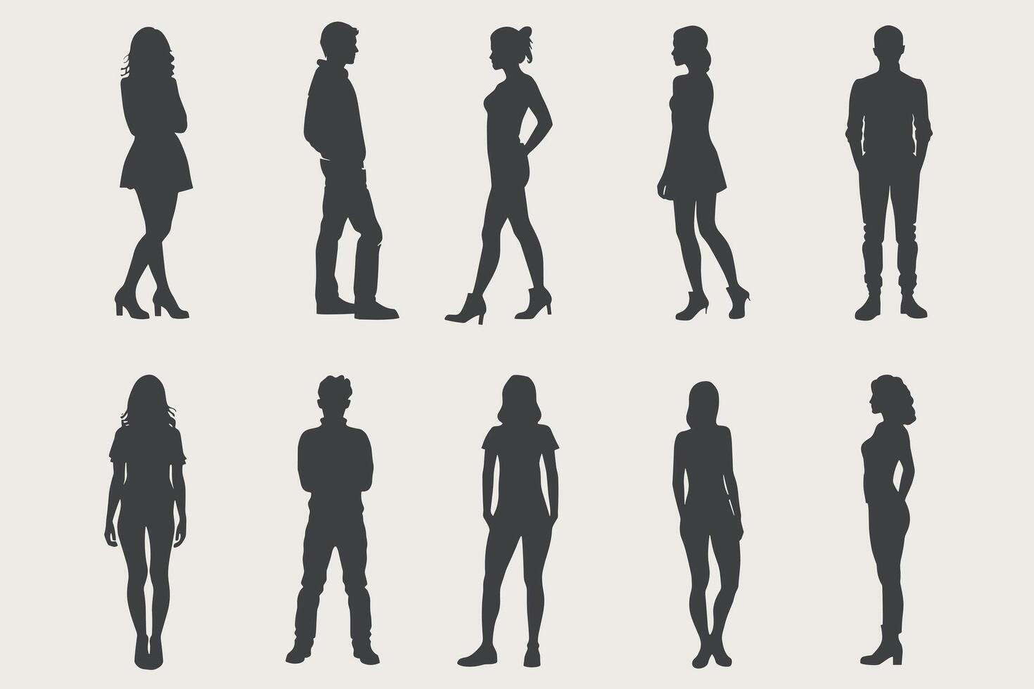 Silhouettes of diverse men and women posing against a neutral background. vector
