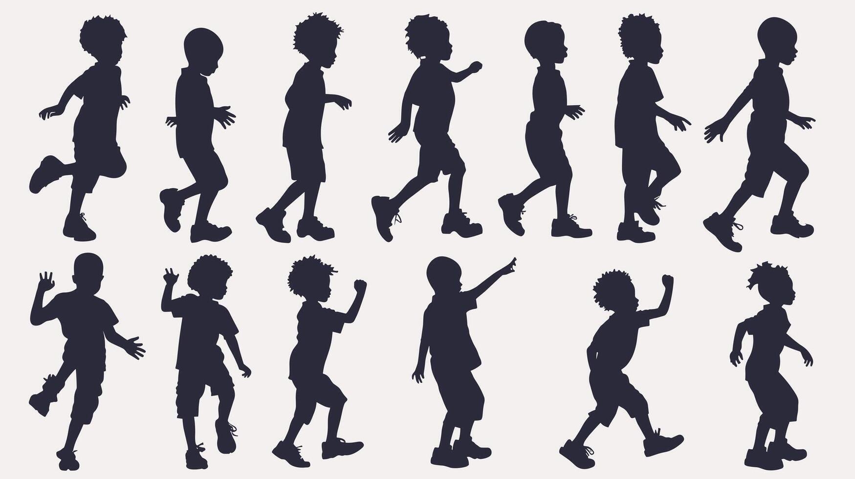 Silhouettes of diverse children in various playful poses against a white background. vector