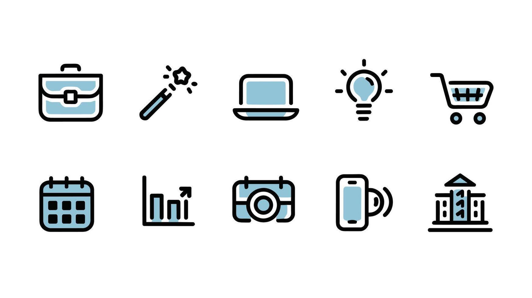icons illustrating business and technology themes briefcase, magic wand, laptop, light bulb, shopping cart, calendar, graph, camera, smartphone, and building. vector