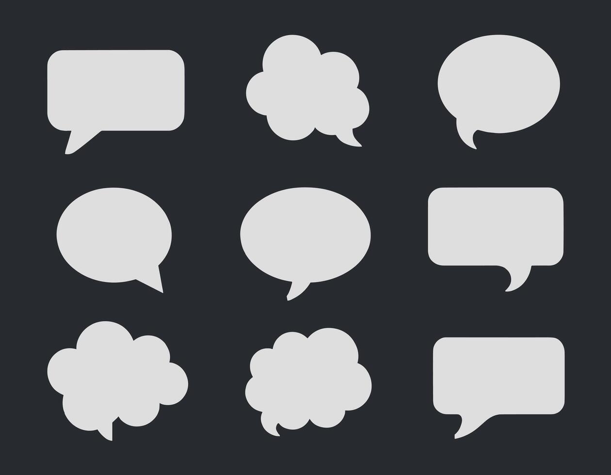 Collection of nine diverse speech bubble icons in various shapes against a dark background, illustrating communication and dialogue concepts. vector