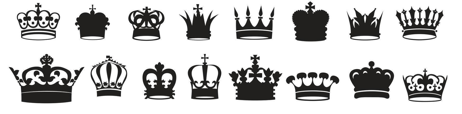 Set of various black crown silhouettes on a white background. vector