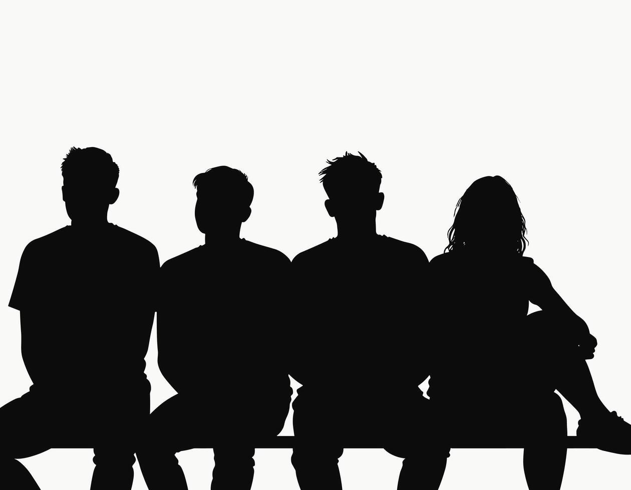 Silhouette of four individuals, three males and one female, seated against a light background, creating a striking contrast that highlights their outlines. vector