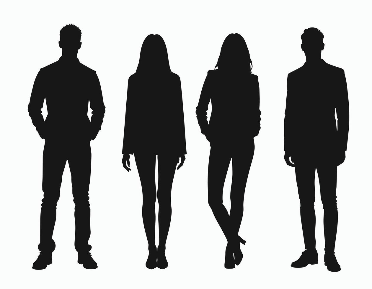 Silhouettes of two men and two women standing in a row, highlighting varied postures and attire against a plain backdrop. vector