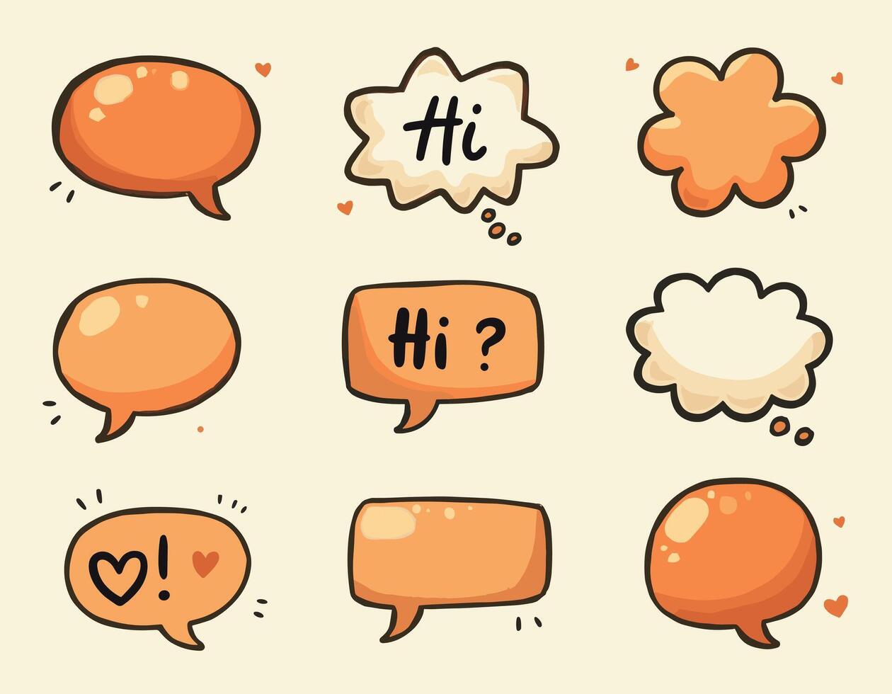 A collection of cute, hand-drawn speech and thought bubbles with 'Hi' and simple designs on a light background. vector