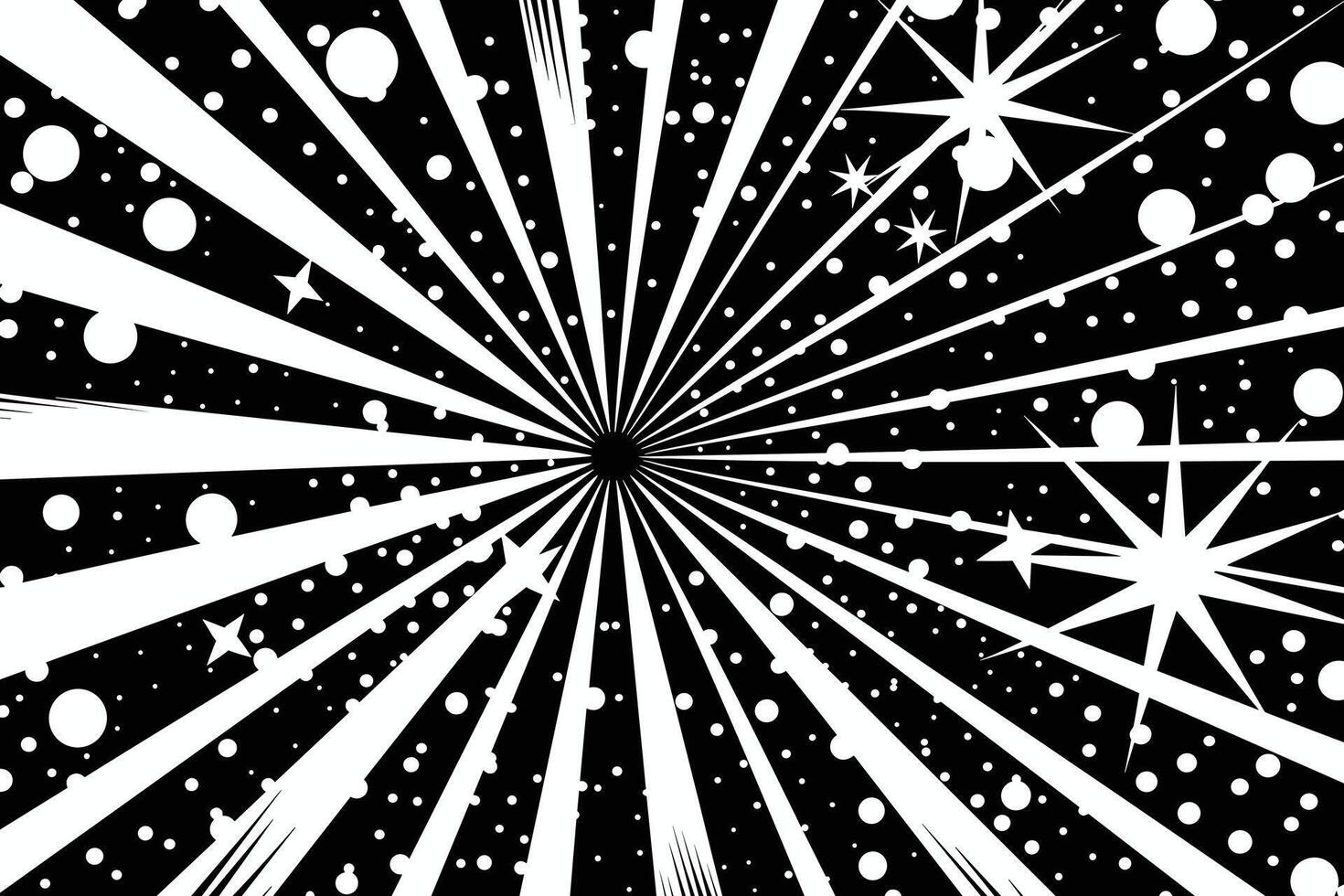 Energetic black and white starburst with dynamic lines and cosmic dots. vector