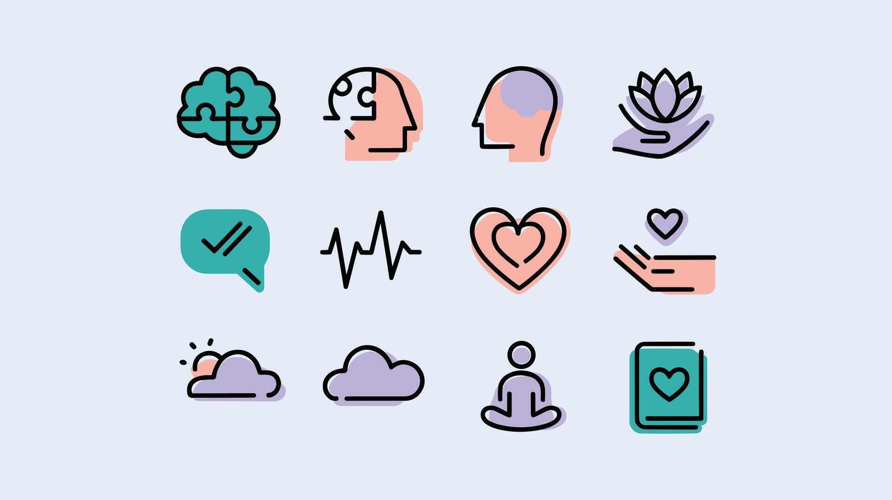 Colorful mental health and wellness icons symbolizing mindfulness, self-care, and relaxation. vector