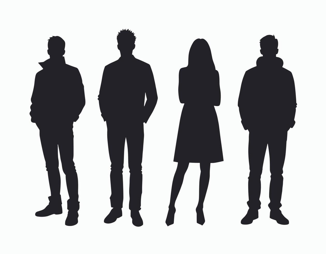 Silhouettes of diverse group in various poses against a white background. vector