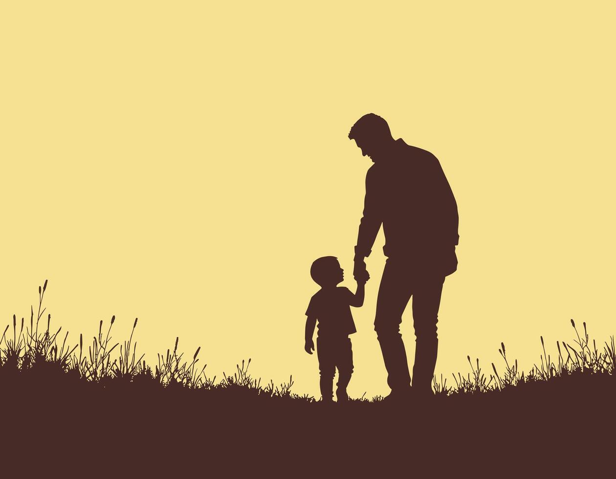 Silhouette of a man and child holding hands, walking through a grassy field at sunset, evoking a sense of bonding and tranquility in a serene natural setting. vector