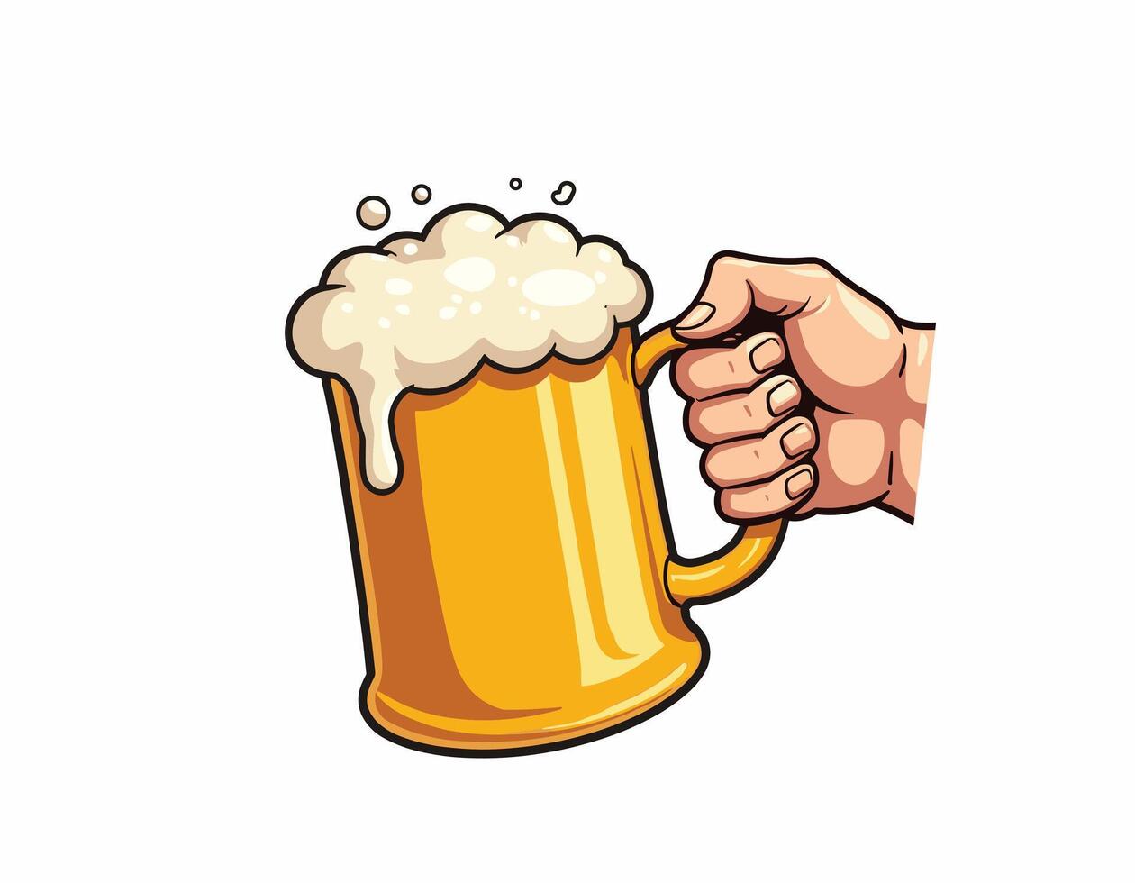 Cartoon illustration of a hand holding a frothy beer mug against a white background, emphasizing a celebratory mood. vector