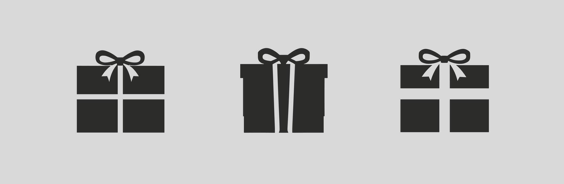 Three black gift box icons with ribbons on a gray background. vector