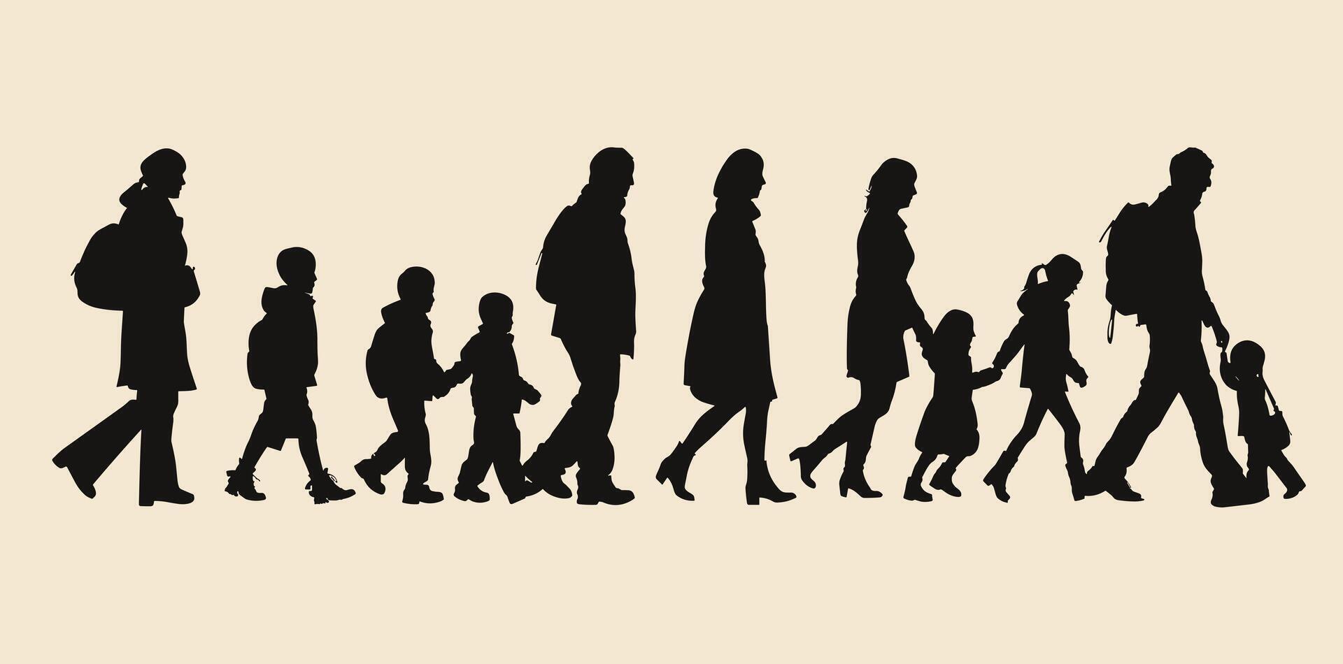 Silhouette of a diverse group of children and adults walking together, carrying backpacks. vector