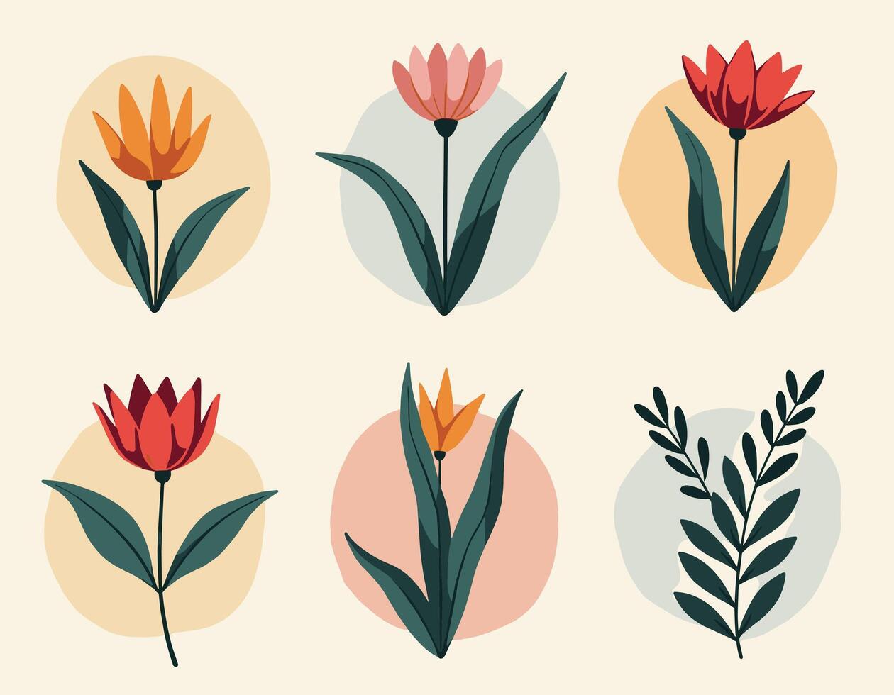 A collection of six stylized floral illustrations featuring vibrant blooms and leaves against pastel circular backgrounds, showcasing a minimalist art style. vector