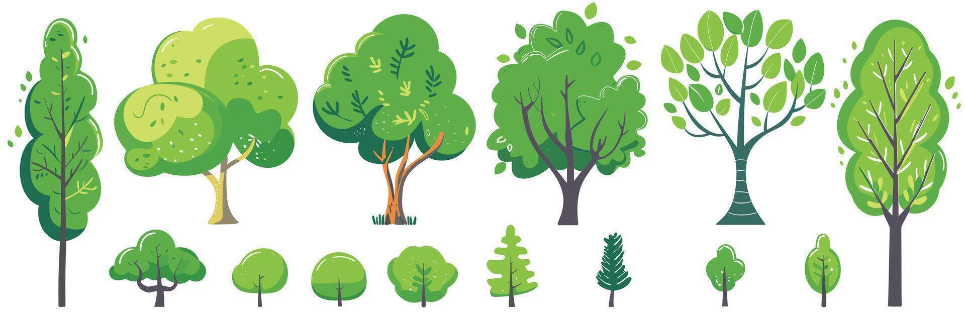 Illustration of various green trees, showcasing diversity in shapes and sizes, set on a white background. vector