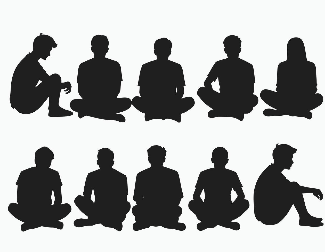 Silhouettes of young individuals sitting cross-legged in a row, showcasing diverse postures against a neutral background. vector