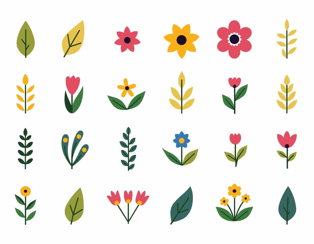 A colorful collection of simple, stylized flowers and leaves on a neutral background, showcasing various floral designs in a playful and modern style. vector
