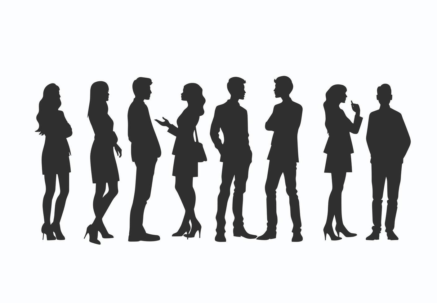 Silhouette of diverse group of men and women standing and interacting against a white background. vector