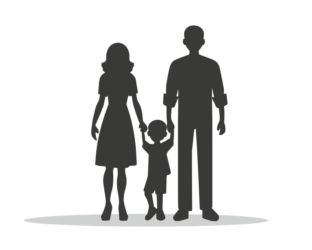 Silhouette of a family with two parents and a child holding hands, symbolizing unity and togetherness. vector
