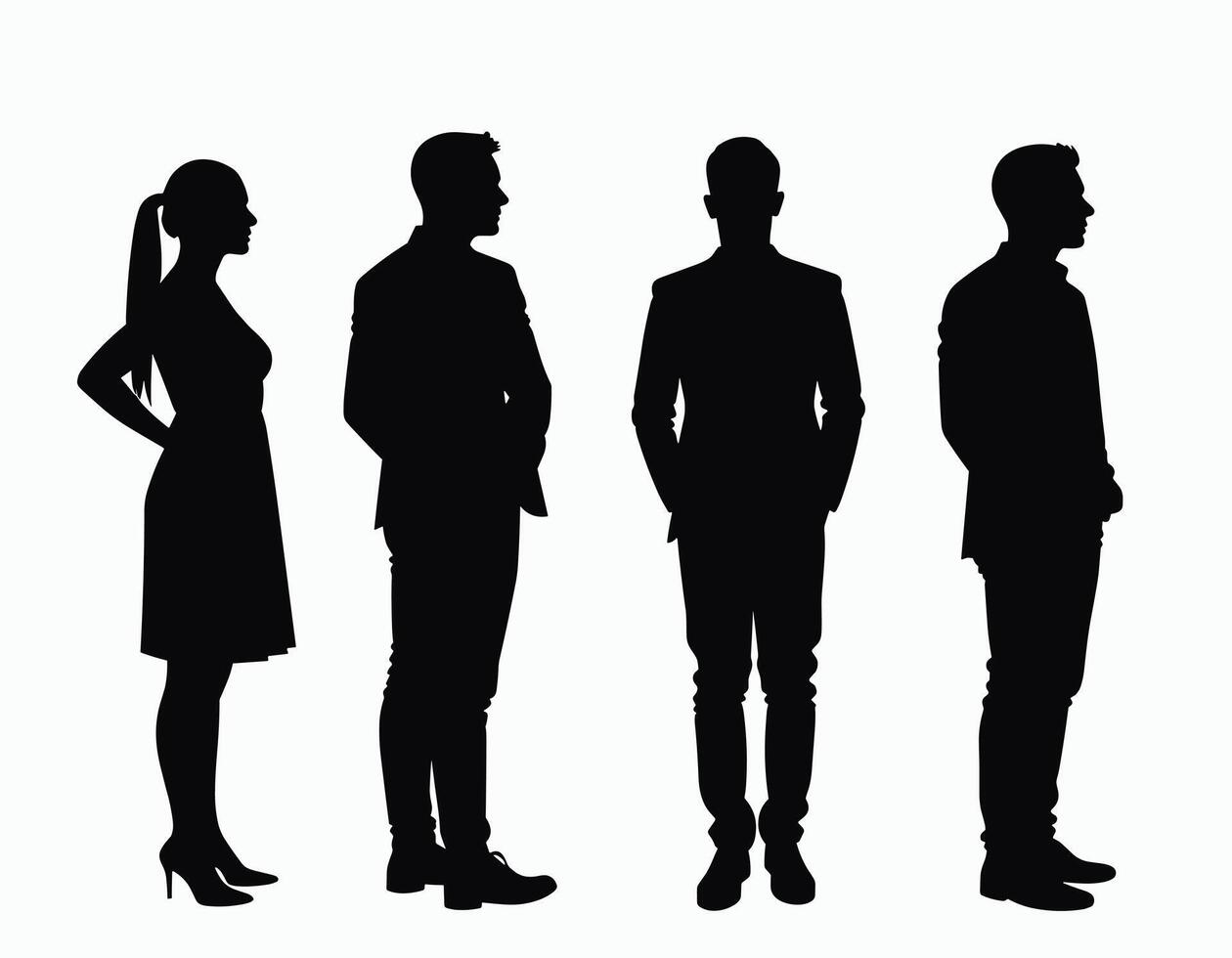 Silhouettes of four individuals, a woman and three men, stand side by side, each facing different directions against a plain background. vector