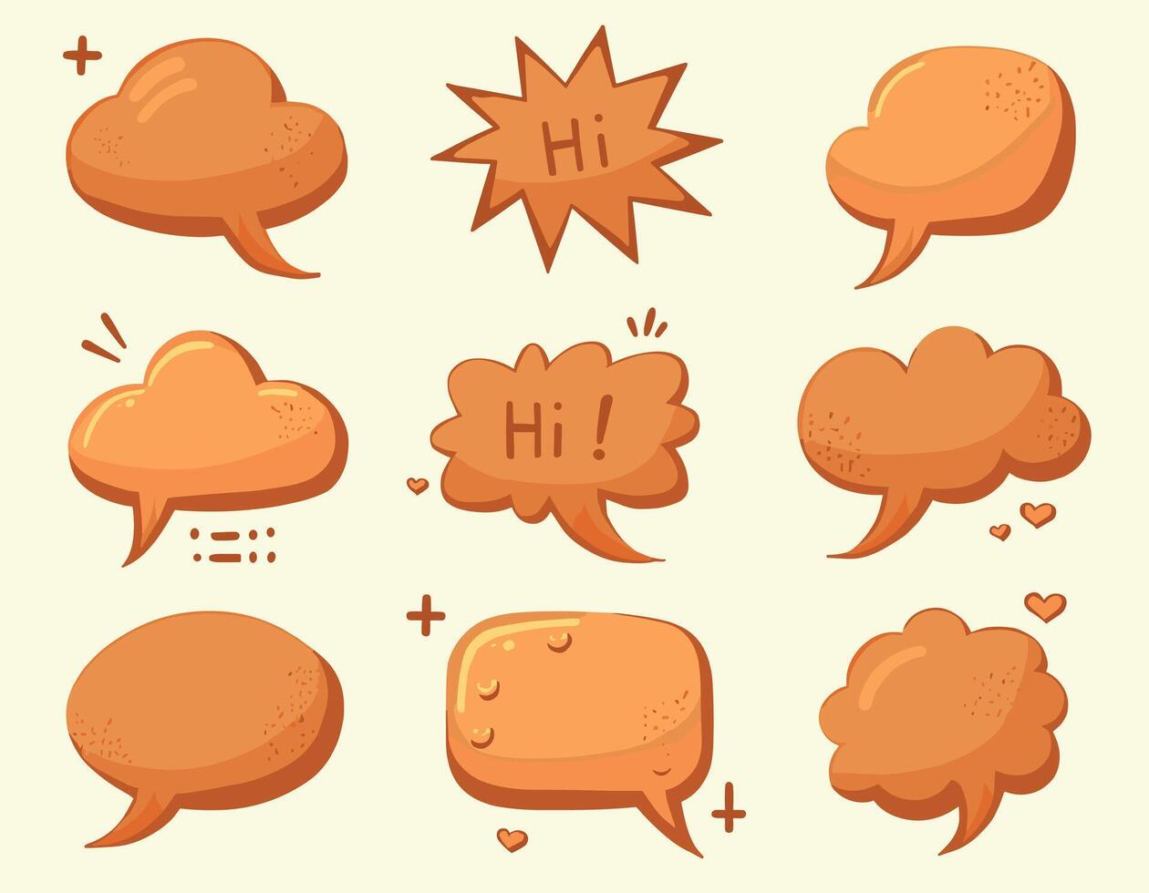 A collection of cartoon speech bubbles in various shapes and shades of orange, featuring quirky designs and greetings. vector