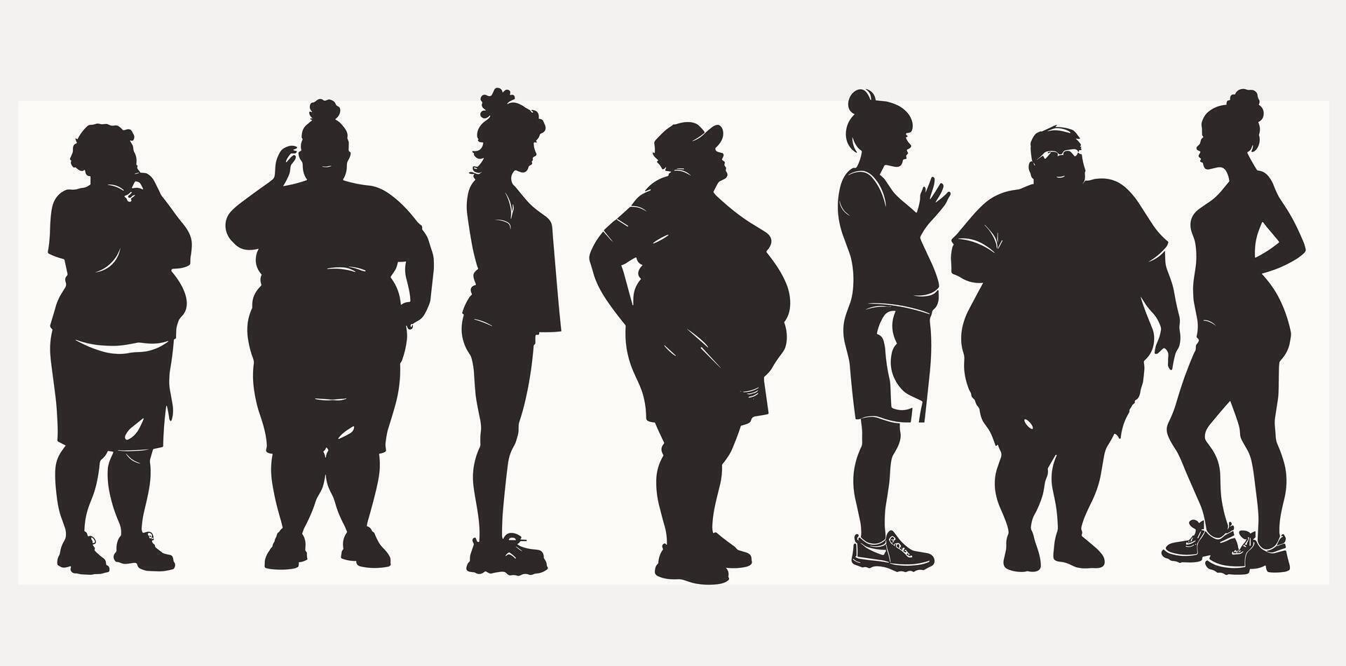 Silhouettes of diverse women of various body shapes in a line, showcasing body positivity and diversity. vector