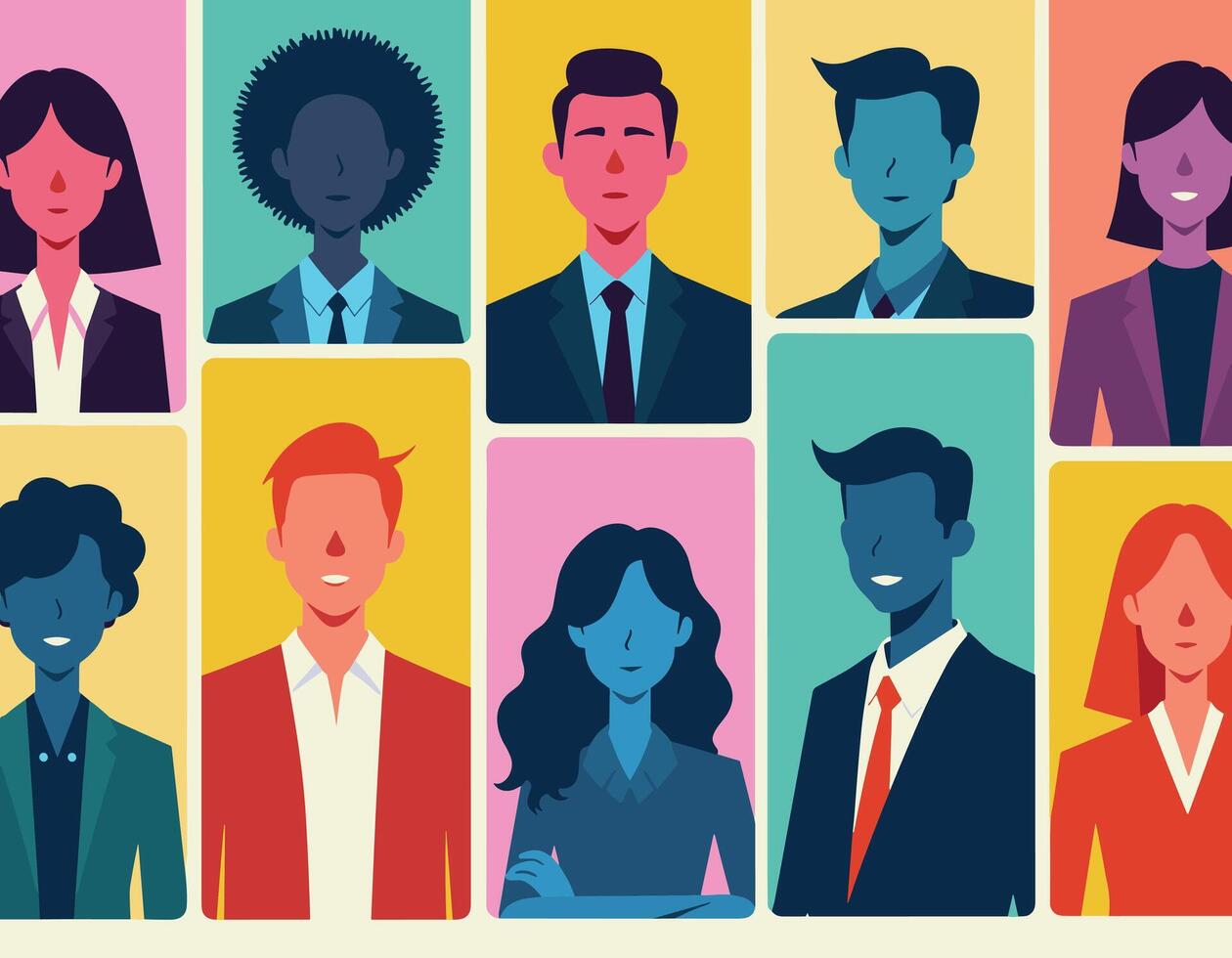 Abstract illustration of diverse professionals in vibrant colors, highlighting gender and ethnic diversity in a modern corporate setting. vector