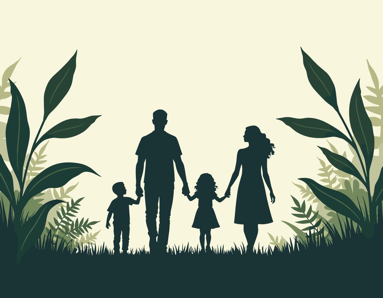 Silhouette of a family walking hand in hand, surrounded by lush foliage and greenery. vector