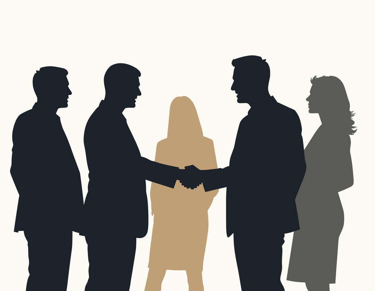 Silhouette of business professionals shaking hands, symbolizing successful negotiation amid a diverse team setting. vector