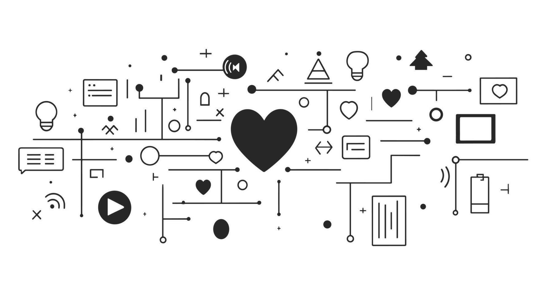 Abstract line art with various icons and symbols, centered around a large heart. vector