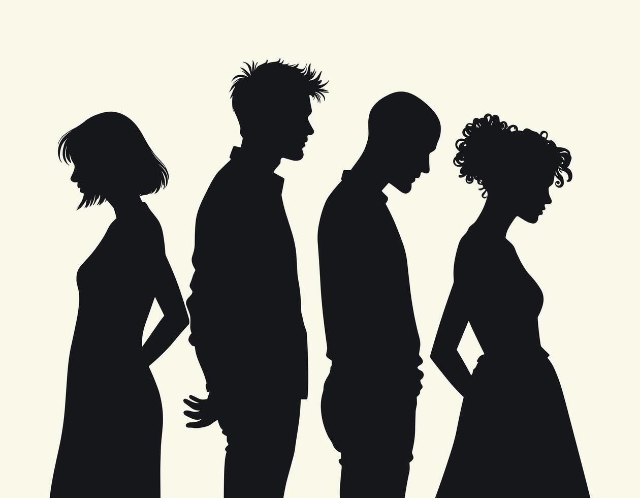 Silhouettes of four diverse individuals standing in profile against a light background, each showcasing unique hairstyles and distinct body postures. vector