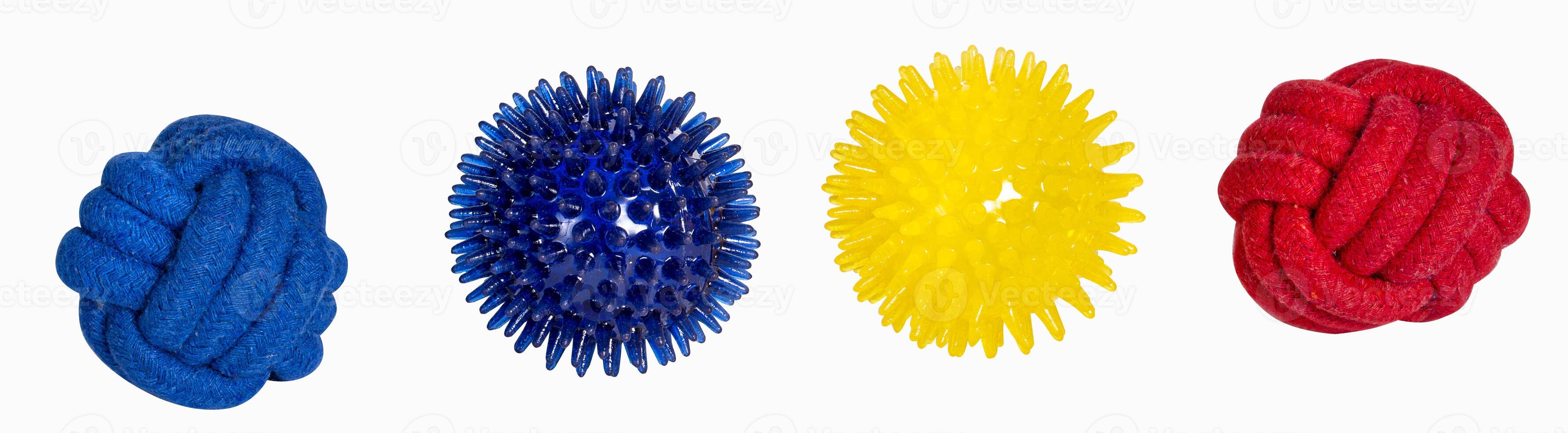 Different toy balls for dogs or cats isolated on white, collage. set. Colorful bright toy ball for pets photo