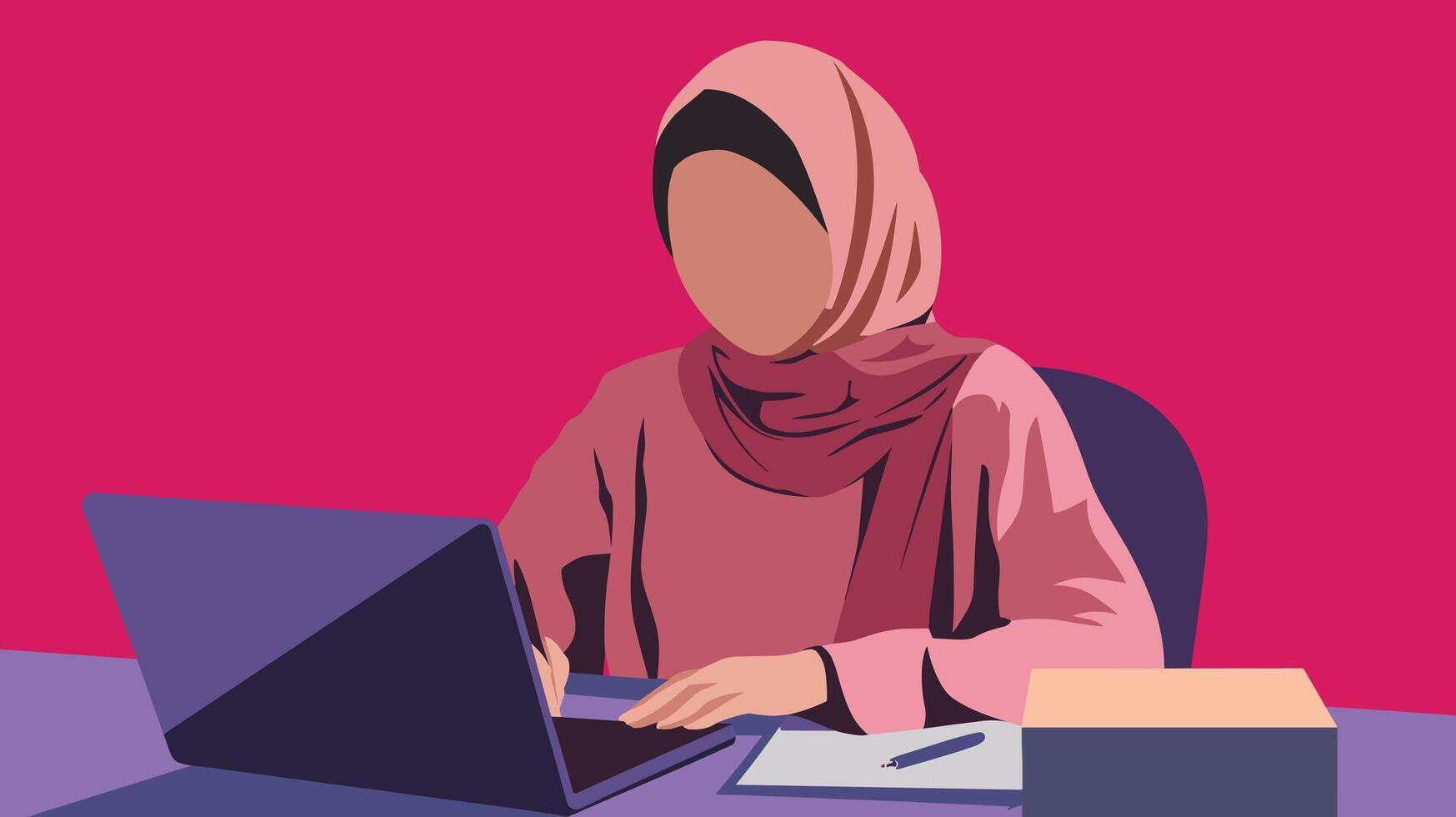 Illustration of a woman in a hijab working on a laptop against a vibrant pink background, depicting productivity and focus. vector