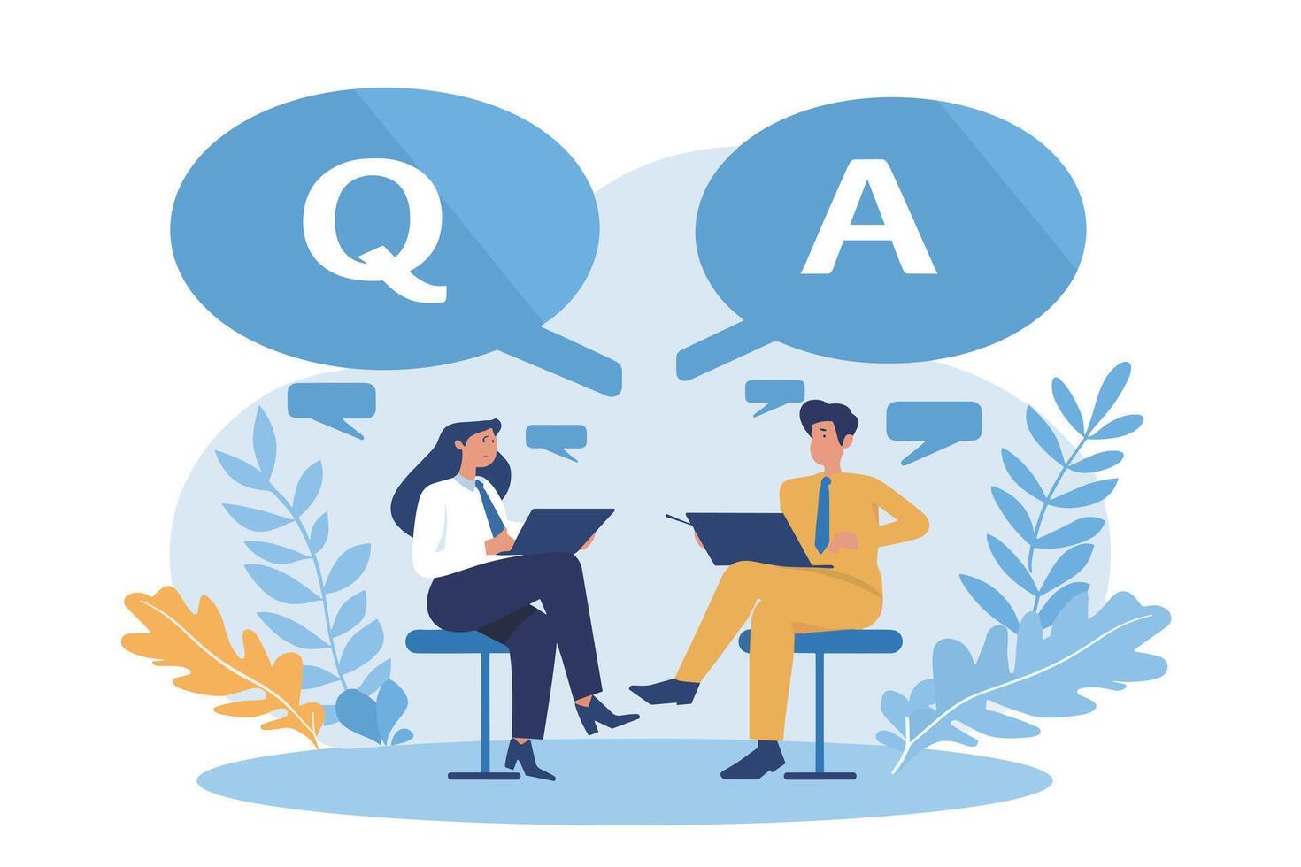 Illustration of a QA session with diverse professionals discussing ideas in a modern setting. vector