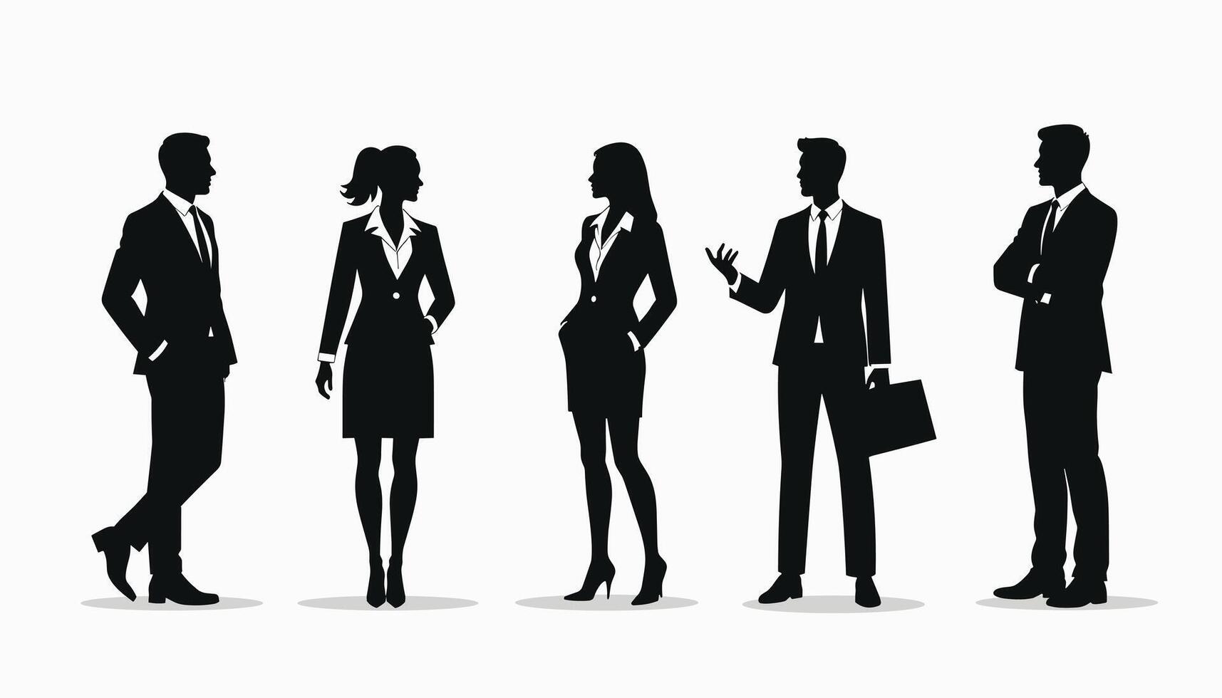 Silhouettes of diverse business professionals engaged in conversation, dressed in formal attire, showcasing dynamic interactions and teamwork in a corporate setting. vector